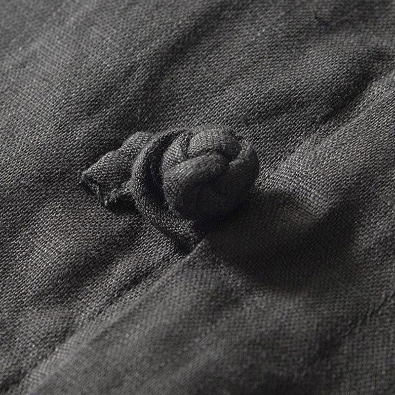 Buddha Stonesデイリーフロッグボタンスタンドカラー半袖リネンメンズシャツ - image 3