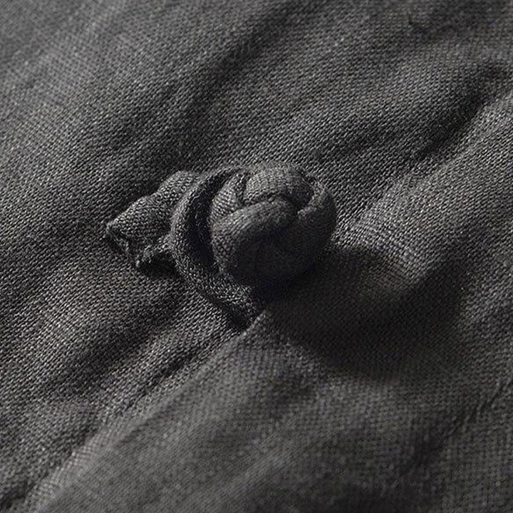 Buddha Stonesデイリーフロッグボタンスタンドカラー半袖リネンメンズシャツ - image 3