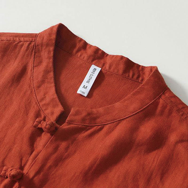 Buddha Stonesデイリーフロッグボタンスタンドカラー半袖リネンメンズシャツ - image 24