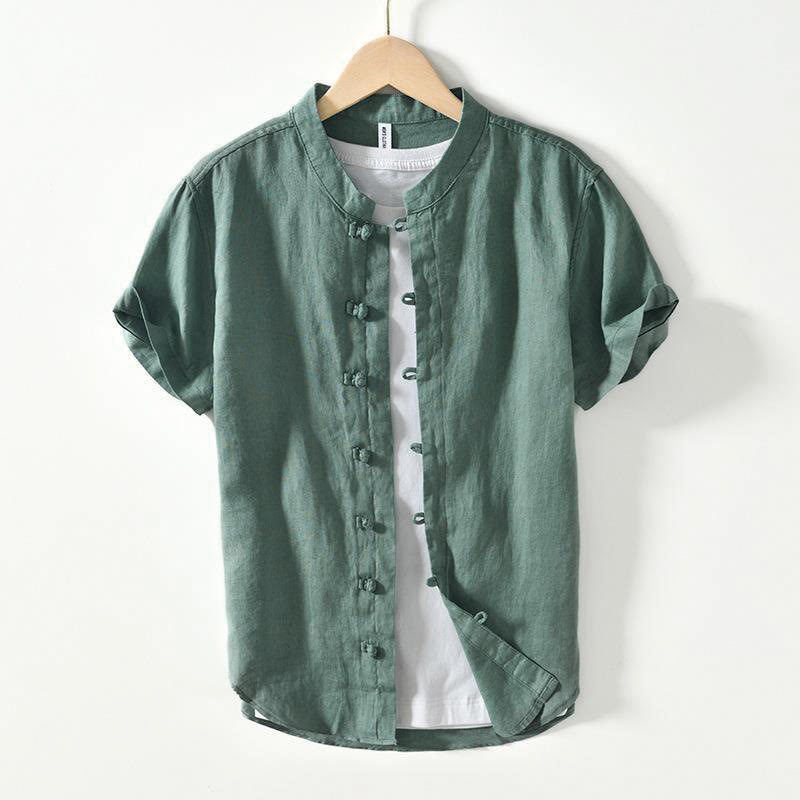 Buddha Stonesデイリーフロッグボタンスタンドカラー半袖リネンメンズシャツ - ミディアムシーグリーン - US/UK/AU42、 EU52 (3XL) - image 18