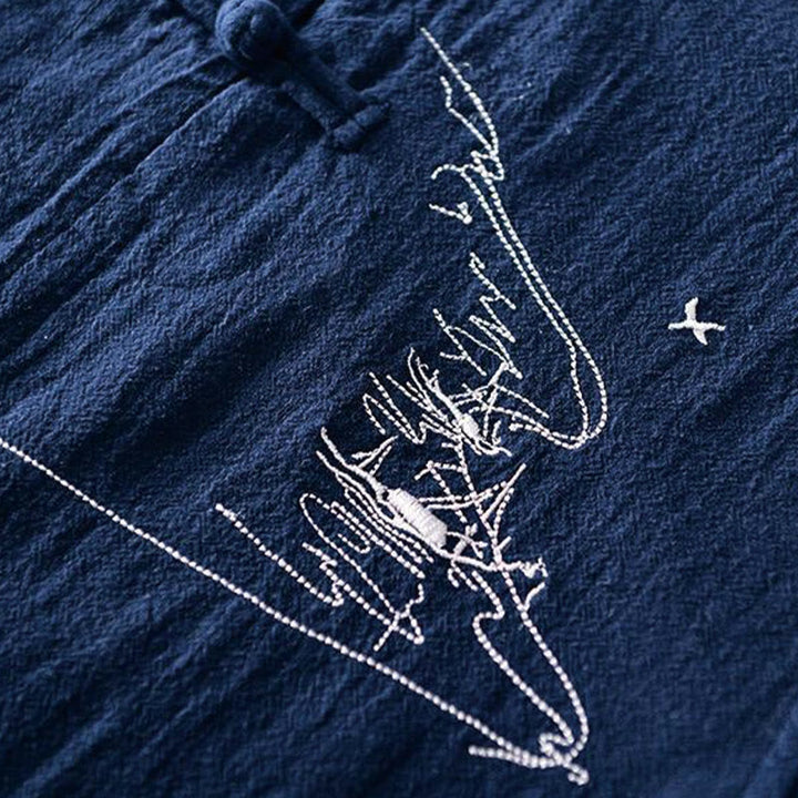 Buddha Stonesカエルボタン マンダリンカラー 刺繍 コットンリネン 半袖 メンズシャツ - image 3