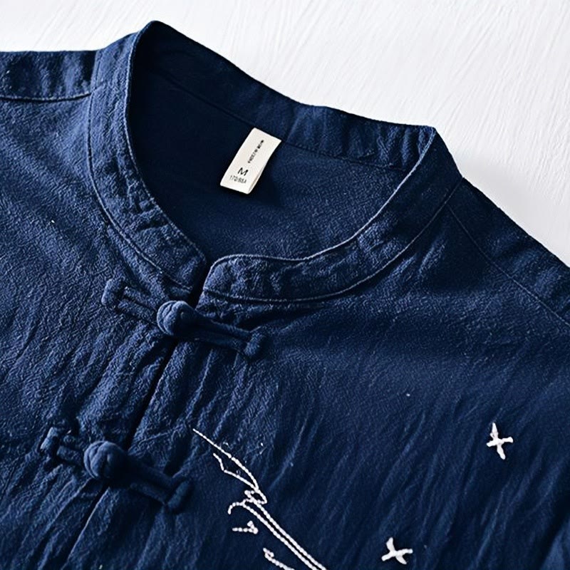 Buddha Stonesカエルボタン マンダリンカラー 刺繍 コットンリネン 半袖 メンズシャツ - image 1