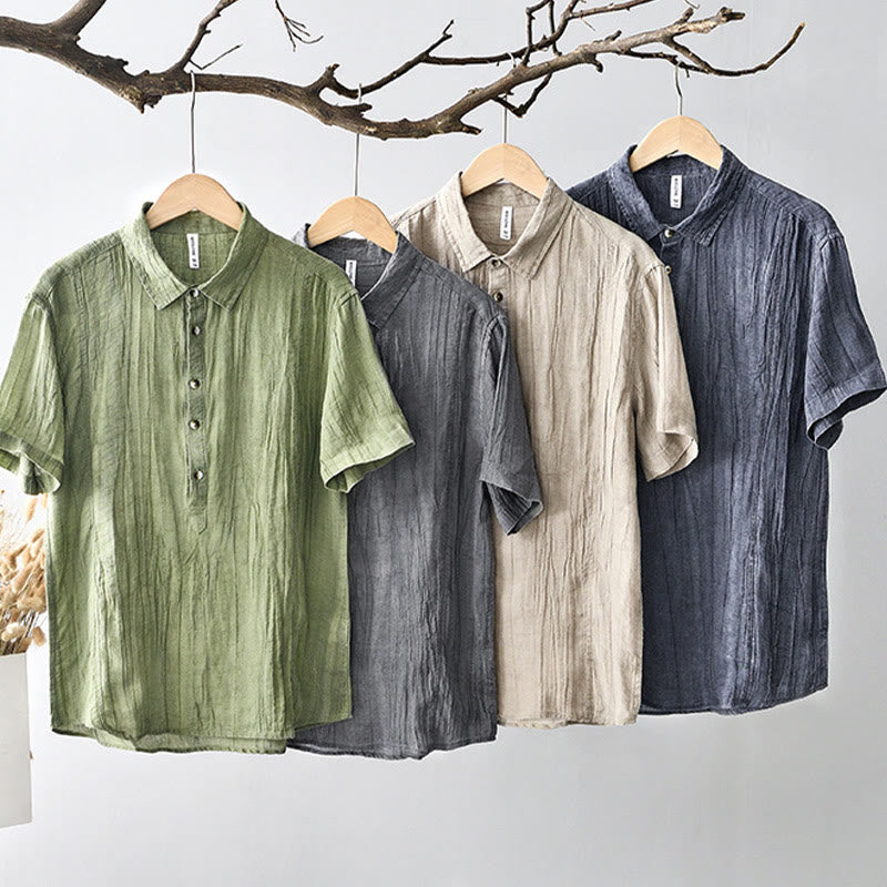 Buddha Stonesカジュアル 無地 ラペル ラミー リネン ハーフボタン メンズ シャツ - image 26