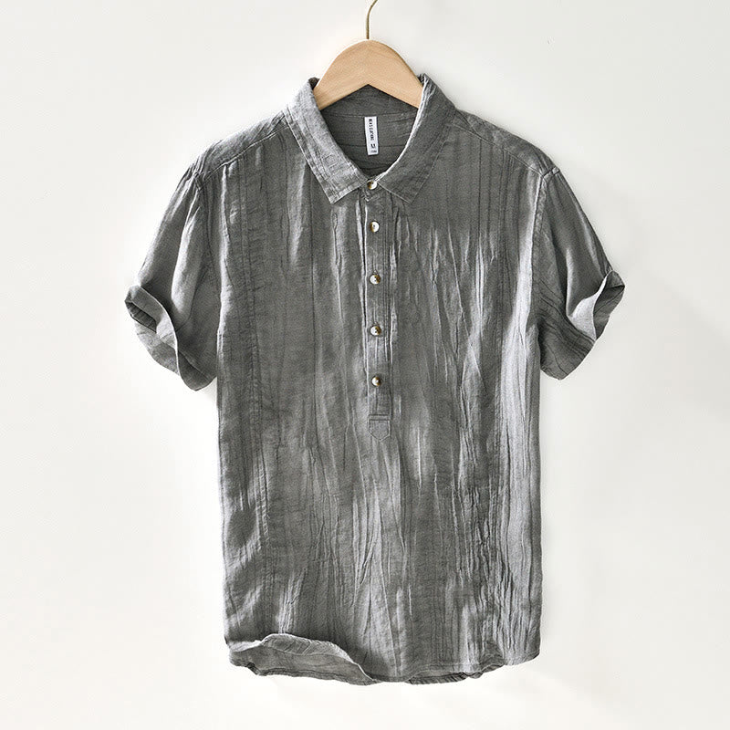 Buddha Stonesカジュアル 無地 ラペル ラミー リネン ハーフボタン メンズ シャツ - ライトスレートグレー - US/UK/AU44、 EU54 (4XL) - image 7