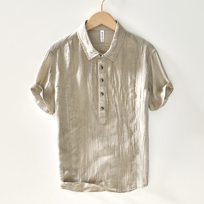 Buddha Stonesカジュアル 無地 ラペル ラミー リネン ハーフボタン メンズ シャツ - ペールゴールデンロッド - US/UK/AU44、 EU54 (4XL) - image 0