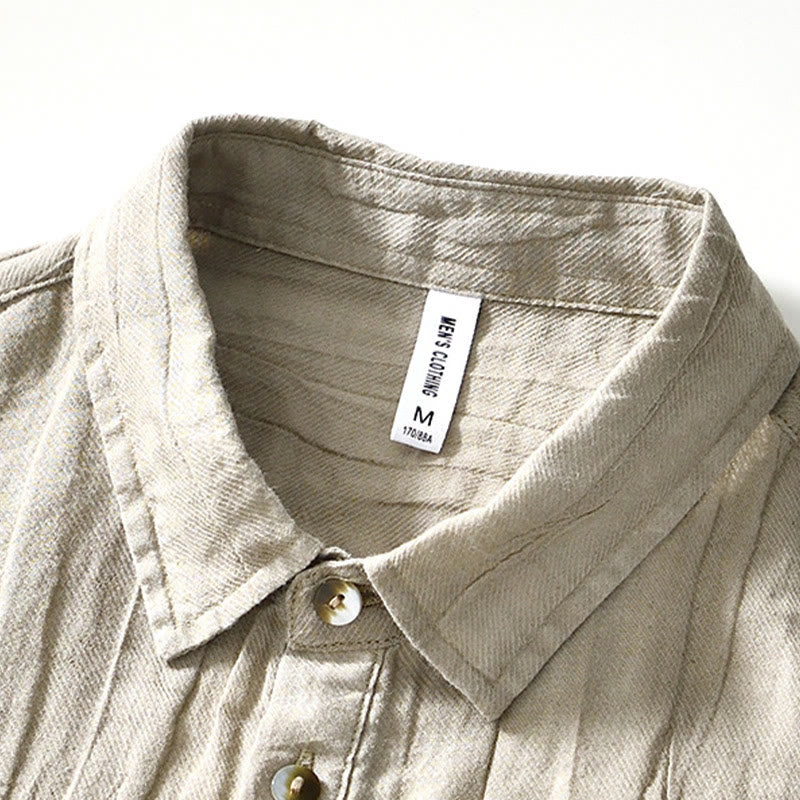 Buddha Stonesカジュアル 無地 ラペル ラミー リネン ハーフボタン メンズ シャツ - image 1