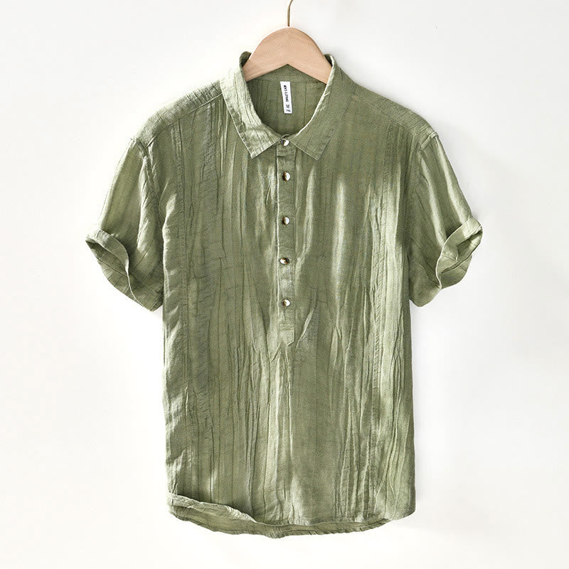 Buddha Stonesカジュアル 無地 ラペル ラミー リネン ハーフボタン メンズ シャツ - 黄緑 - US/UK/AU44、 EU54 (4XL) - image 19