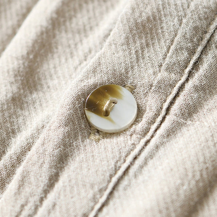 Buddha Stonesカジュアル 無地 ラペル ラミー リネン ハーフボタン メンズ シャツ - image 2