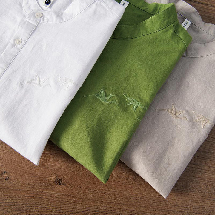 Buddha Stonesソフト刺繍 鶴柄 スタンドカラー コットンリネン ハーフボタン メンズシャツ - image 17