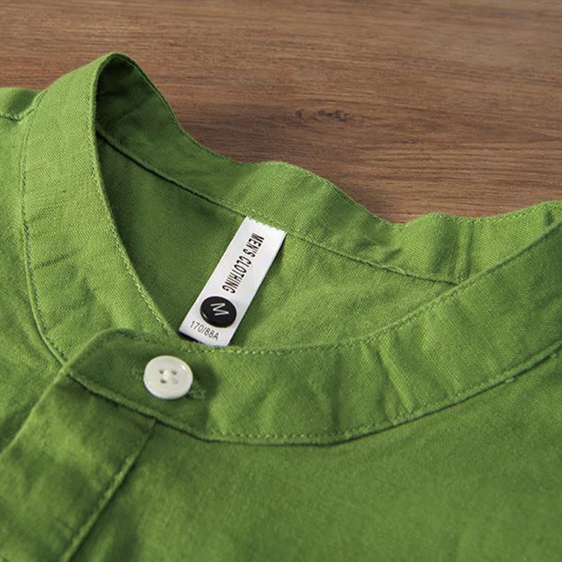 Buddha Stonesソフト刺繍 鶴柄 スタンドカラー コットンリネン ハーフボタン メンズシャツ - image 10