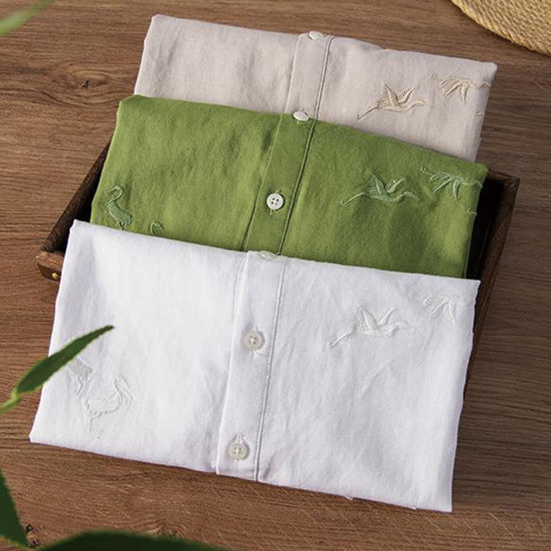 Buddha Stonesソフト刺繍 鶴柄 スタンドカラー コットンリネン ハーフボタン メンズシャツ - image 18