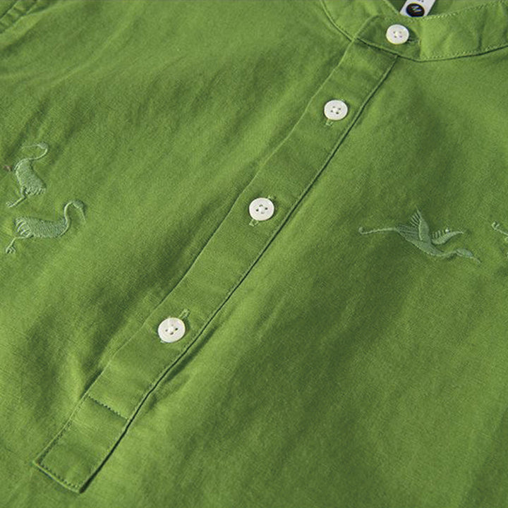 Buddha Stonesソフト刺繍 鶴柄 スタンドカラー コットンリネン ハーフボタン メンズシャツ - image 12