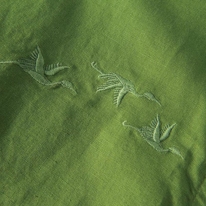 Buddha Stonesソフト刺繍 鶴柄 スタンドカラー コットンリネン ハーフボタン メンズシャツ - image 13