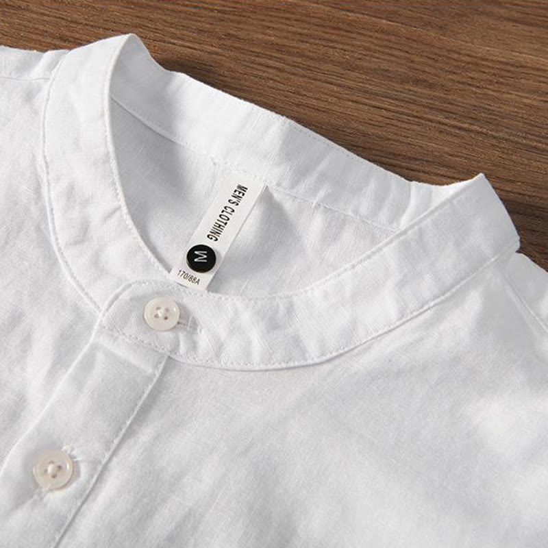 Buddha Stonesソフト刺繍 鶴柄 スタンドカラー コットンリネン ハーフボタン メンズシャツ - image 3