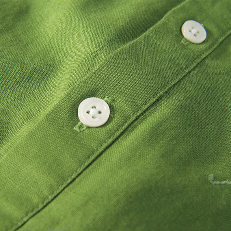 Buddha Stonesソフト刺繍 鶴柄 スタンドカラー コットンリネン ハーフボタン メンズシャツ