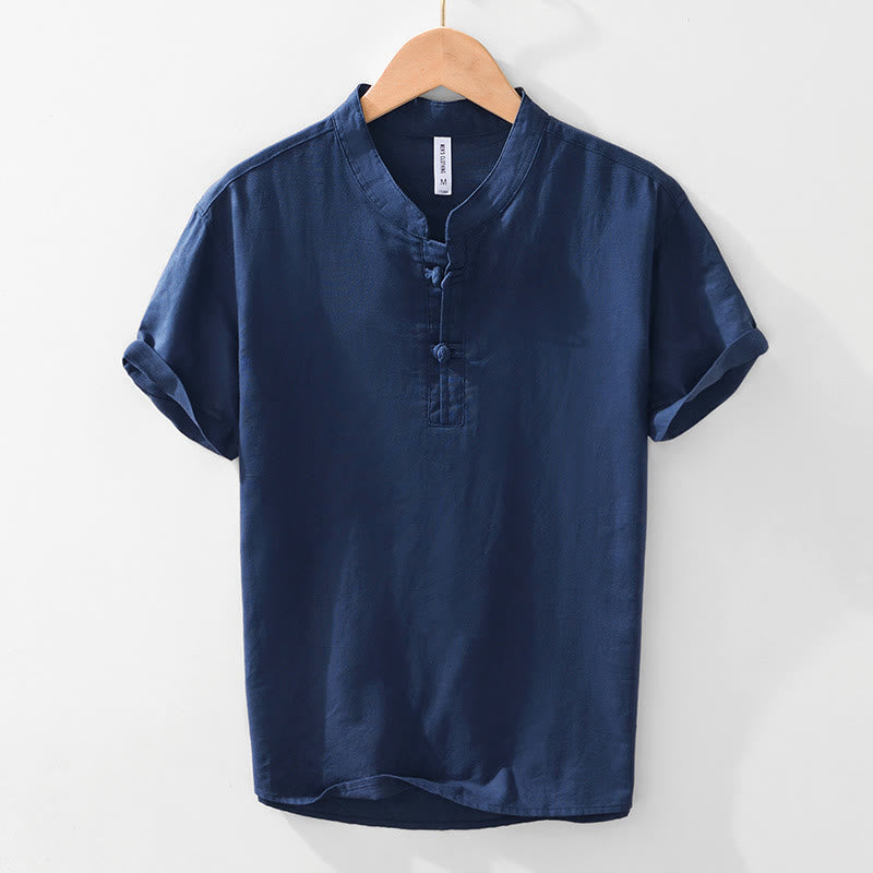Buddha Stonesソフトプレーンフロッグボタンクルーネックコットンリネンハーフボタンメンズシャツ - 海軍 - US/UK/AU42、 EU52 (3XL) - image 5