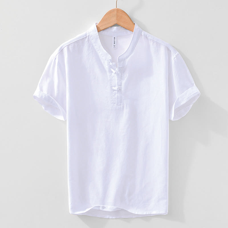 Buddha Stonesソフトプレーンフロッグボタンクルーネックコットンリネンハーフボタンメンズシャツ - 白 - US/UK/AU42、 EU52 (3XL) - image 15