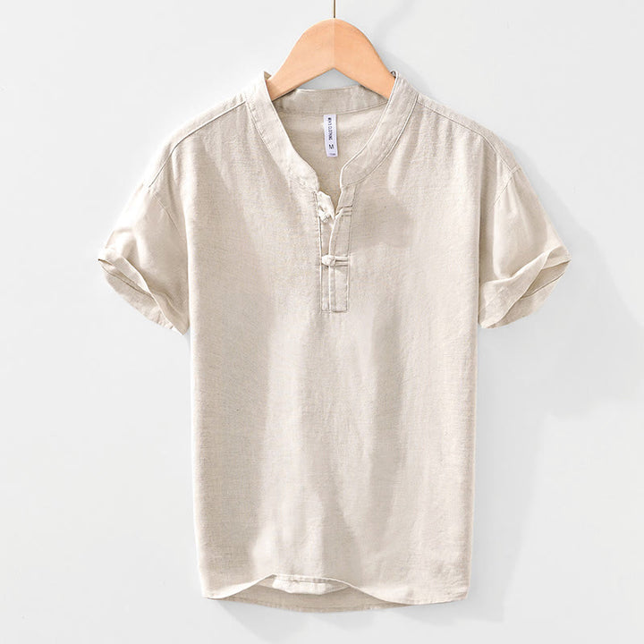 Buddha Stonesソフトプレーンフロッグボタンクルーネックコットンリネンハーフボタンメンズシャツ - ベージュ - US/UK/AU42、 EU52 (3XL) - image 0