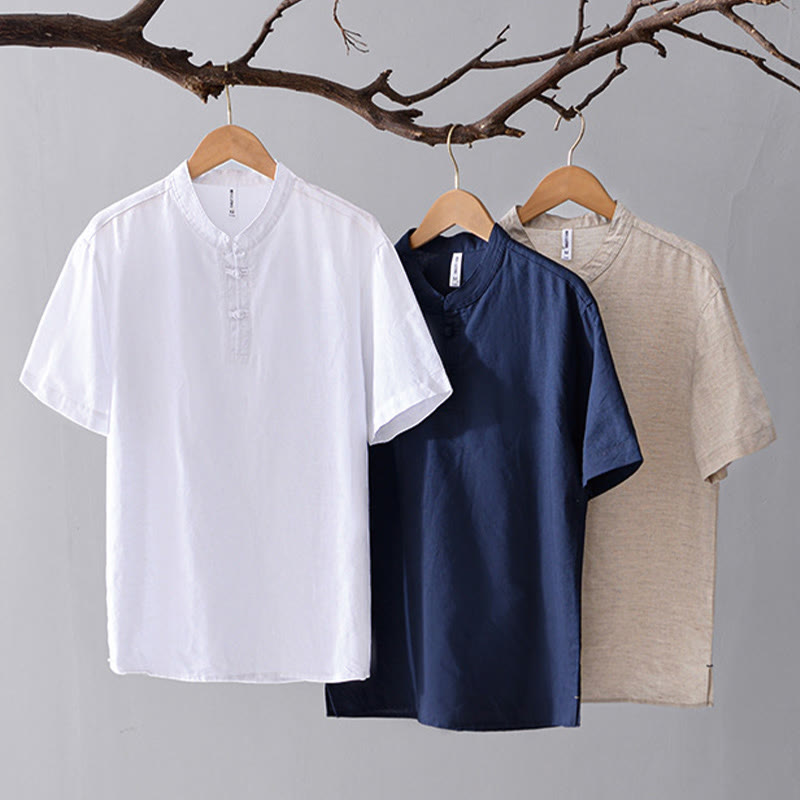 Buddha Stonesソフトプレーンフロッグボタンクルーネックコットンリネンハーフボタンメンズシャツ - image 22