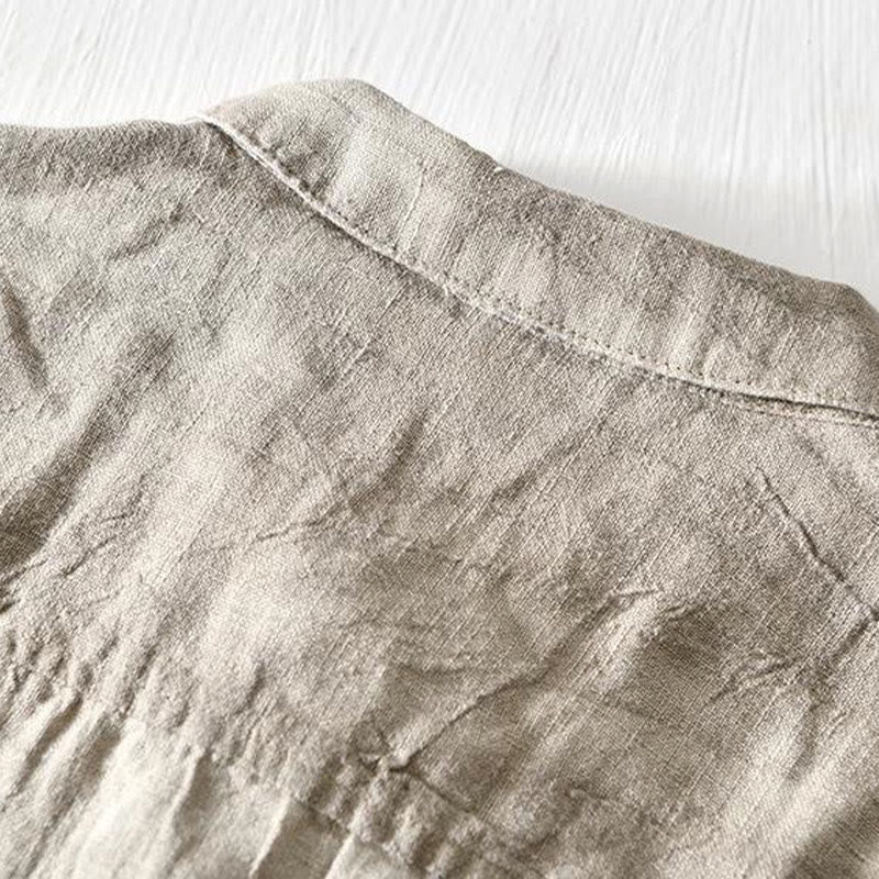 Buddha Stonesシンプルデザイン 半袖 ラペル リネン ハーフボタン メンズシャツ - image 2