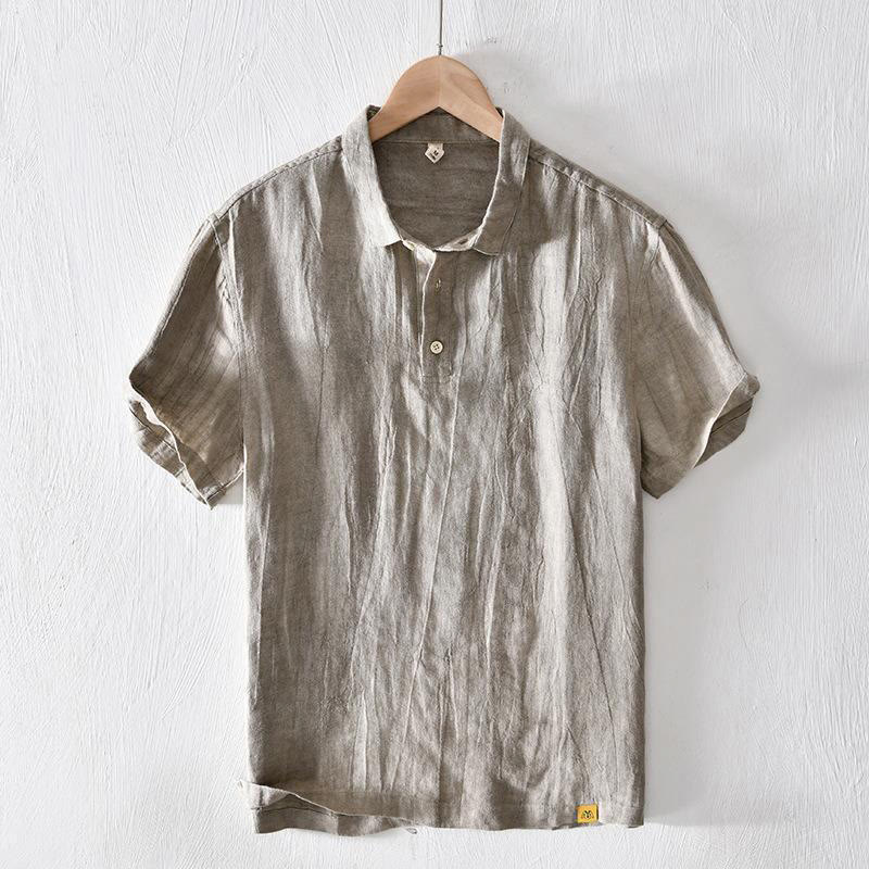 Buddha Stonesシンプルデザイン 半袖 ラペル リネン ハーフボタン メンズシャツ - ダークカーキ - US/UK/AU42、 EU52 (3XL) - image 0