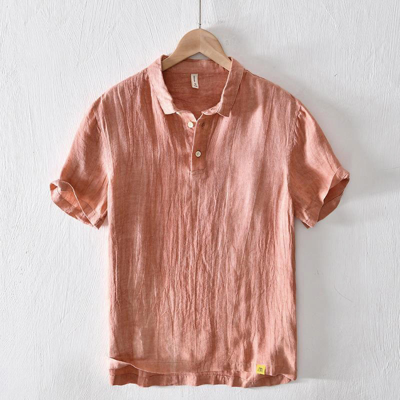 Buddha Stonesシンプルデザイン 半袖 ラペル リネン ハーフボタン メンズシャツ - コーラル - US/UK/AU42、 EU52 (3XL) - image 11