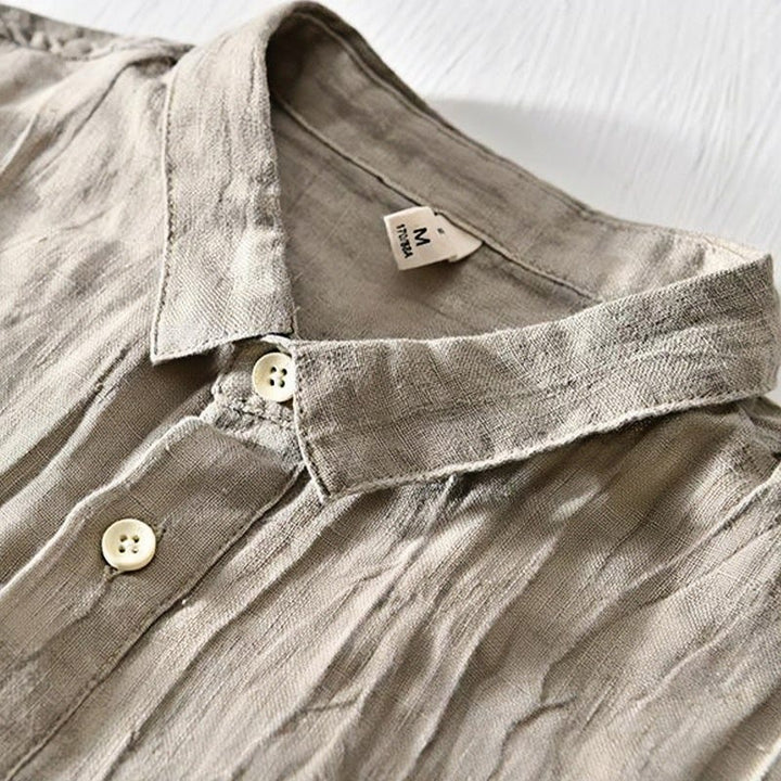 Buddha Stonesシンプルデザイン 半袖 ラペル リネン ハーフボタン メンズシャツ - image 1
