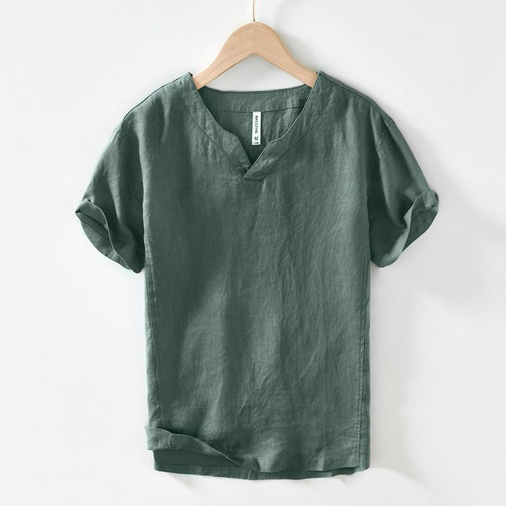 Buddha Stonesカジュアル 無地 Vネック 半袖 リネン メンズ シャツ - シーグリーン - US/UK/AU42、 EU52 (3XL) - image 11