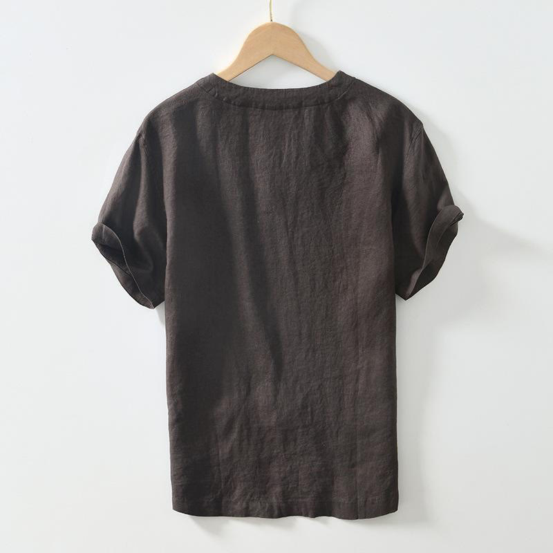 Buddha Stonesカジュアル 無地 Vネック 半袖 リネン メンズ シャツ - image 6