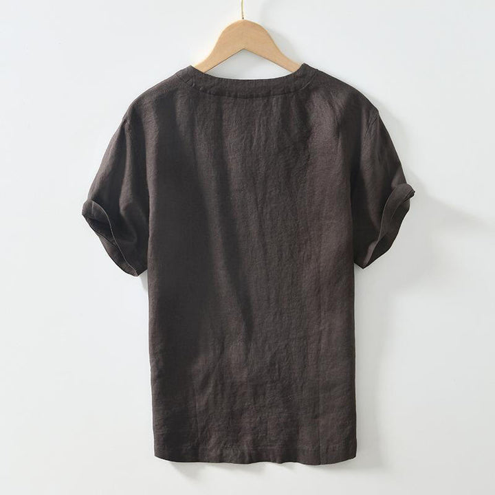 Buddha Stonesカジュアル 無地 Vネック 半袖 リネン メンズ シャツ - image 6