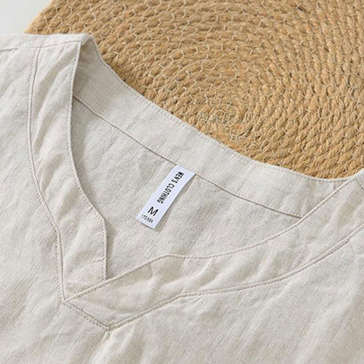 Buddha Stonesカジュアル 無地 Vネック 半袖 リネン メンズ シャツ - image 1