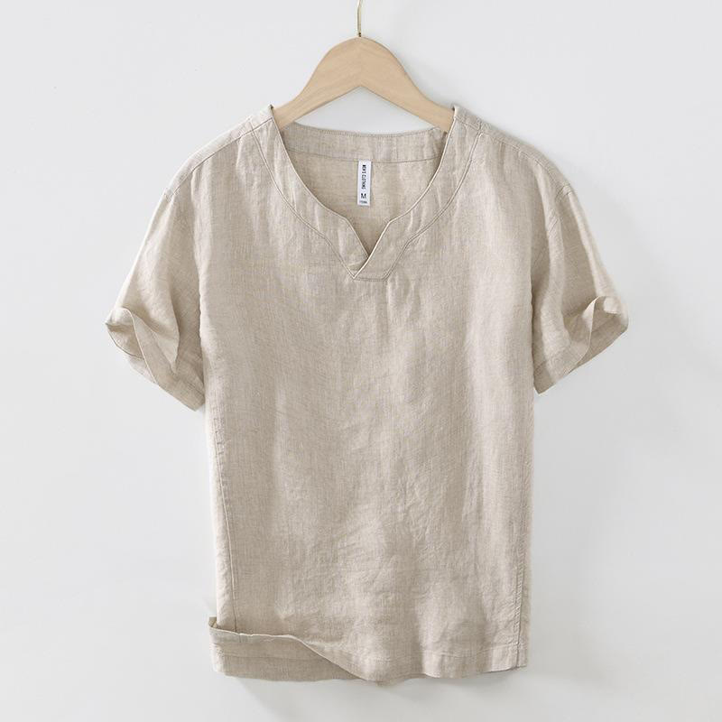 Buddha Stonesカジュアル 無地 Vネック 半袖 リネン メンズ シャツ - ペールゴールデンロッド - US/UK/AU42、 EU52 (3XL) - image 0