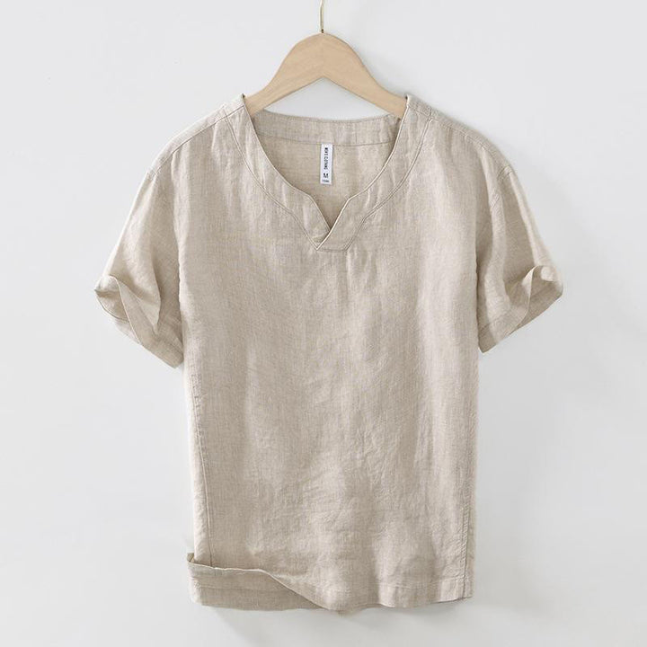 Buddha Stonesカジュアル 無地 Vネック 半袖 リネン メンズ シャツ - ペールゴールデンロッド - US/UK/AU42、 EU52 (3XL) - image 0