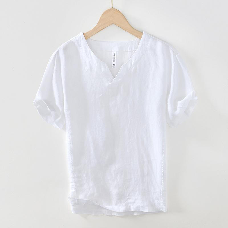 Buddha Stonesカジュアル 無地 Vネック 半袖 リネン メンズ シャツ - 白 - US/UK/AU42、 EU52 (3XL) - image 21
