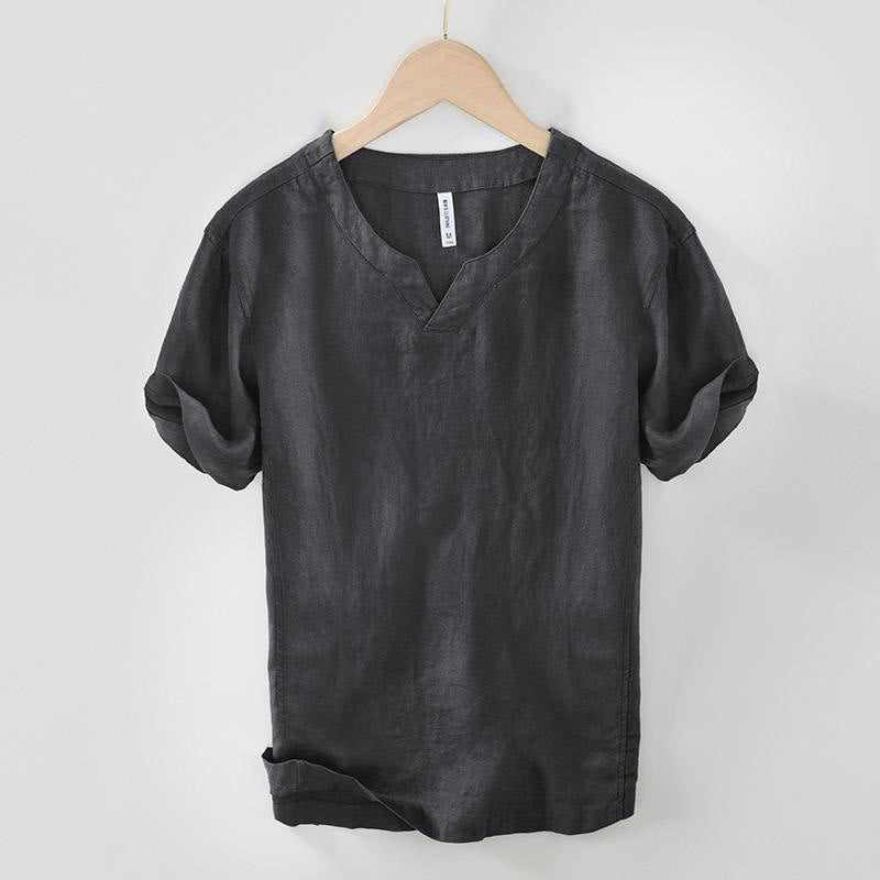 Buddha Stonesカジュアル 無地 Vネック 半袖 リネン メンズ シャツ - 薄暗い灰色 - US/UK/AU42、 EU52 (3XL) - image 16