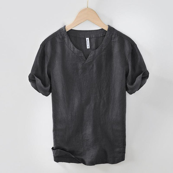 Buddha Stonesカジュアル 無地 Vネック 半袖 リネン メンズ シャツ - 薄暗い灰色 - US/UK/AU42、 EU52 (3XL) - image 16