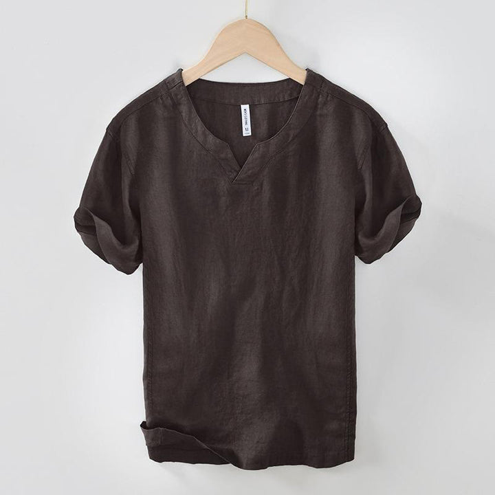 Buddha Stonesカジュアル 無地 Vネック 半袖 リネン メンズ シャツ - サドルブラウン - US/UK/AU42、 EU52 (3XL) - image 5