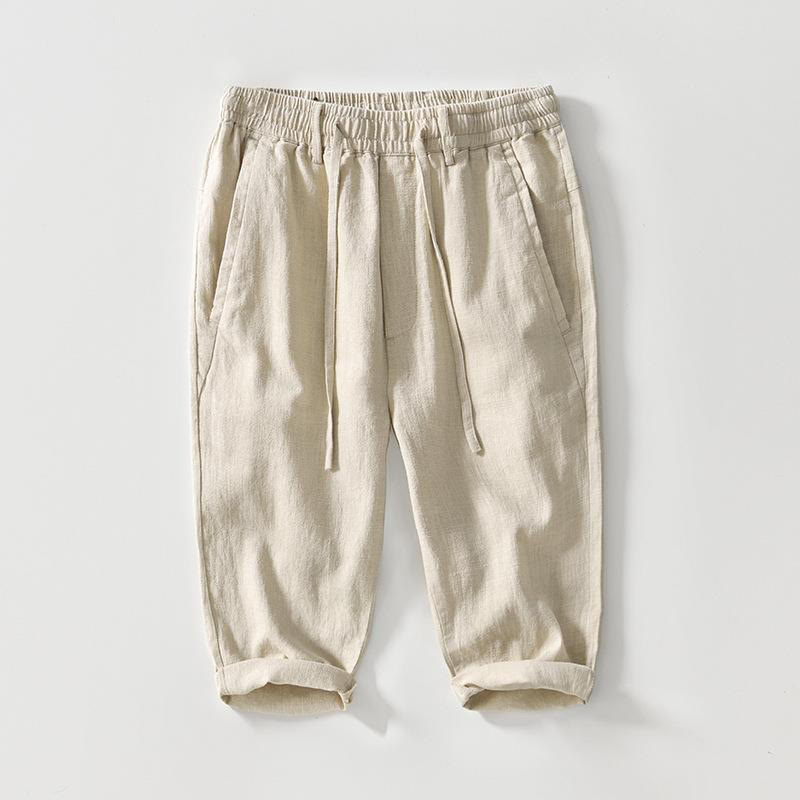Buddha Stonesのドローストリングシンプルデザイン7-8丈コットンリネンメンズパンツポケット付き - ベージュ - US/UK/AU42、 EU52 (3XL) - image 0