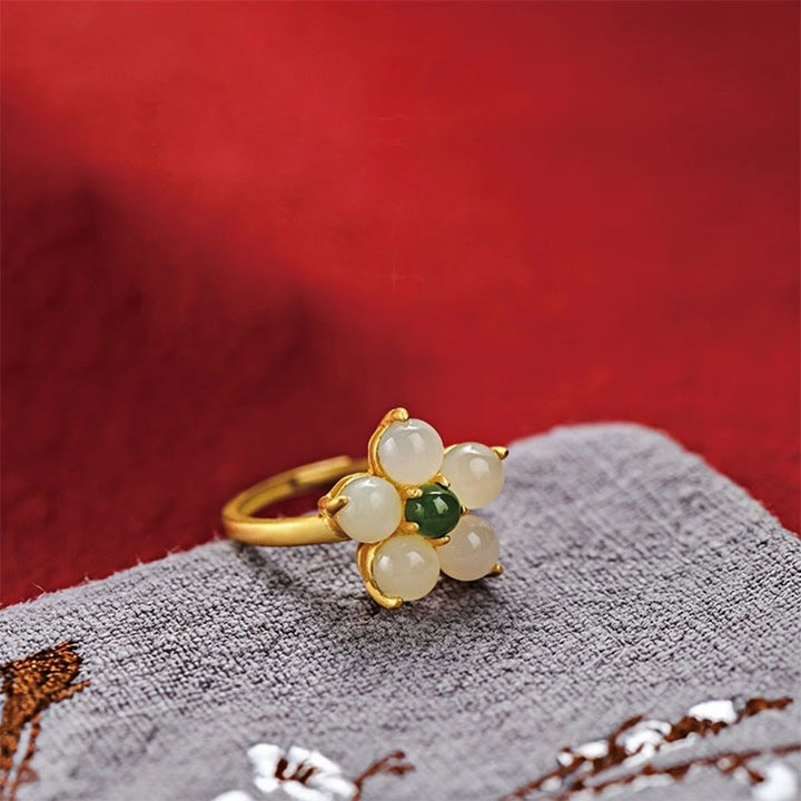 Buddha Stones925スターリングシルバー天然和田翡翠桃の花幸運調節可能リング