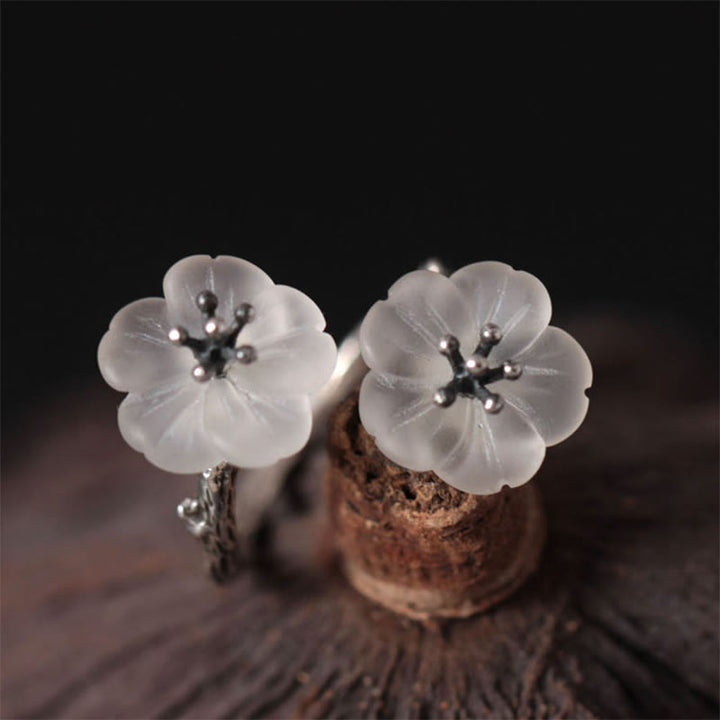 Buddha Stones 925スターリングシルバー ホワイトクリスタル ダブルプラムブロッサムフラワー 調節可能なプロテクションリング - image 8