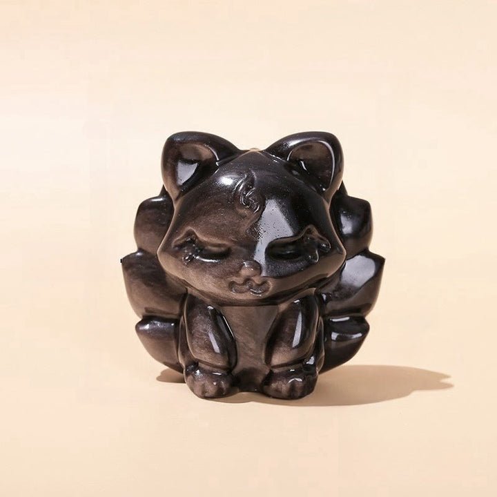 Buddha Stones天然銀光沢黒曜石 九尾狐 守護 家の装飾 - image 8