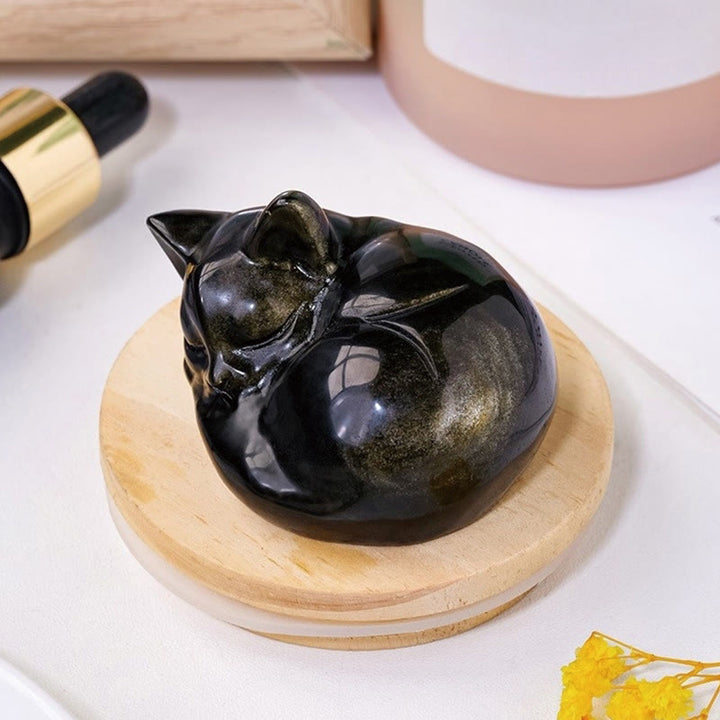 Buddha Stones天然金光沢黒曜石 眠っている猫の像 室内装飾 - image 3