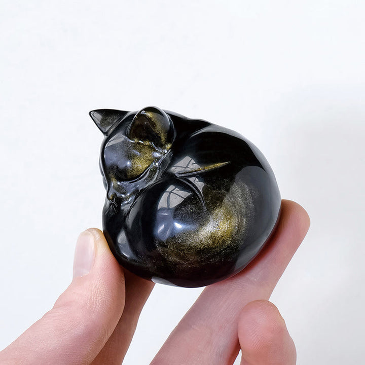 Buddha Stones天然金光沢黒曜石 眠っている猫の像 室内装飾 - image 4