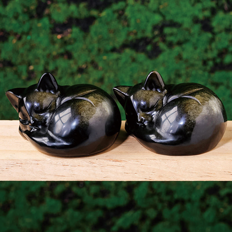 Buddha Stones天然金光沢黒曜石 眠っている猫の像 室内装飾 - image 1