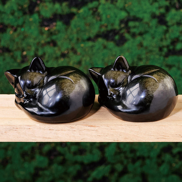 Buddha Stones天然金光沢黒曜石 眠っている猫の像 室内装飾 - image 1