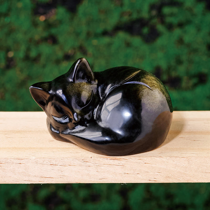 Buddha Stones天然金光沢黒曜石 眠っている猫の像 室内装飾 - ゴールドシーンオブシディアン 6×5cm - image 1