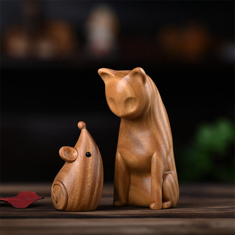 Buddha Stones小さな猫 マウス グリーンサンダルウッド アフリカンレッドローズウッド 平和 ホームデコレーション - グリーンサンダルウッドの猫とネズミ 9*4*4cm - image 1