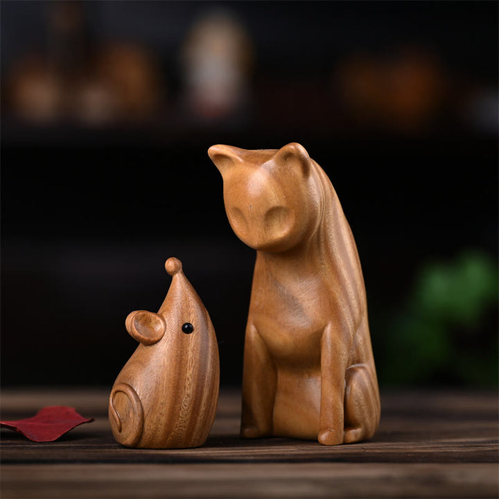 Buddha Stones小さな猫 マウス グリーンサンダルウッド アフリカンレッドローズウッド 平和 ホームデコレーション - グリーンサンダルウッドの猫とネズミ 9*4*4cm - image 1