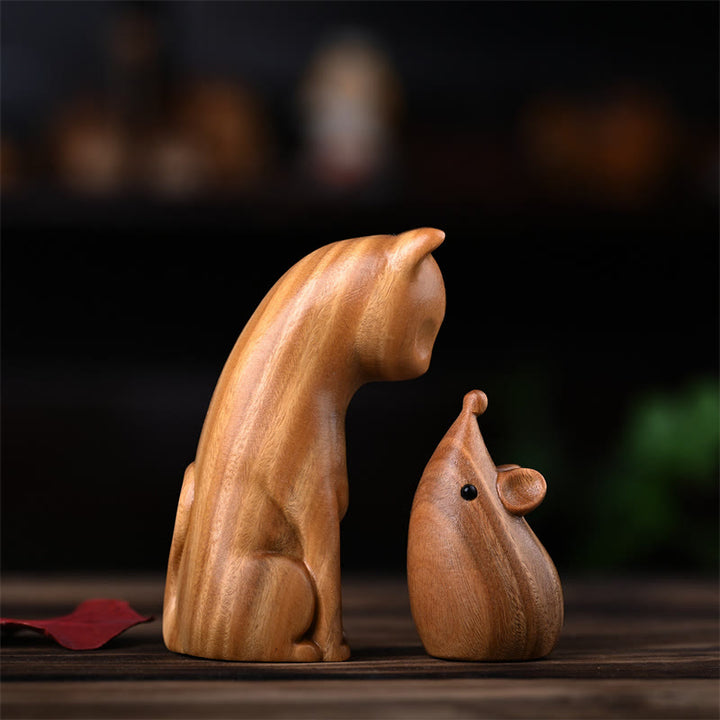 Buddha Stones小さな猫 マウス グリーンサンダルウッド アフリカンレッドローズウッド 平和 ホームデコレーション - image 3
