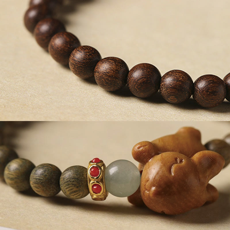Buddha Stonesグリーンサンダルウッド ゴールドサンダルウッド かわいいウサギのポジティブブレスレット